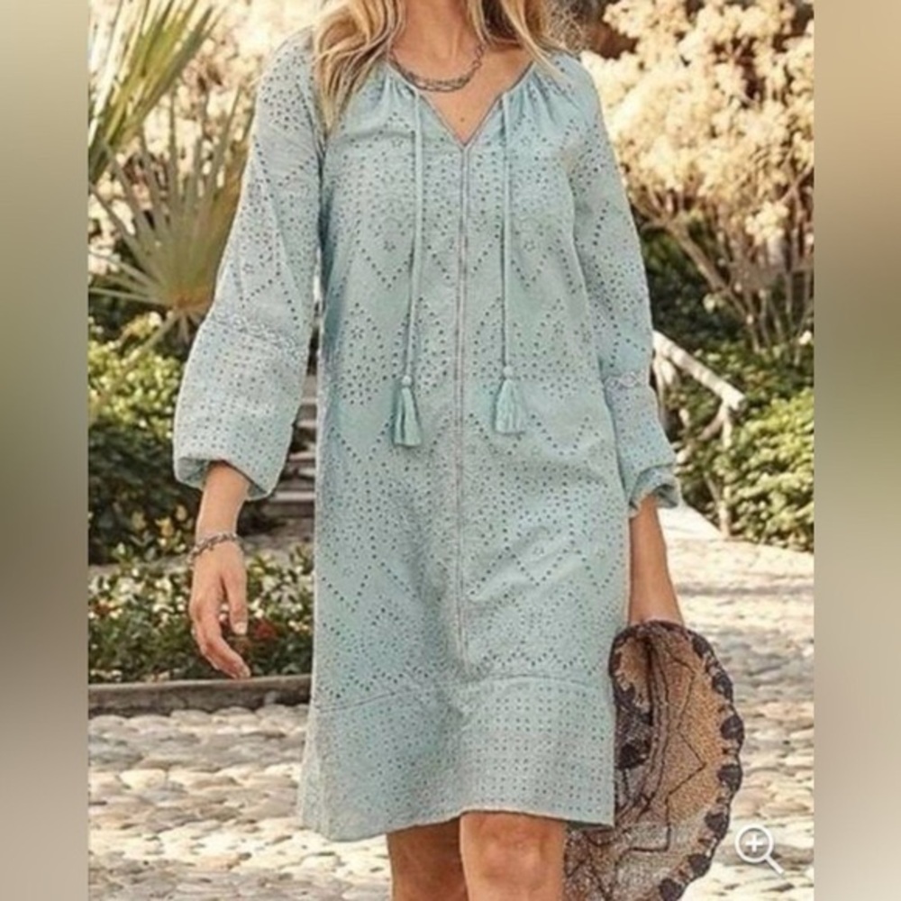 Sundance Coastland Embroidered Eyelet Long Sleeved Dress in Blue Small
